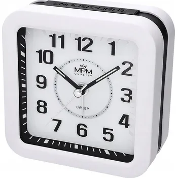 Budík BÍLÝ STŘEDNÍ ČTVERCOVÝ PŘEHLEDNÝ BUDÍK MPM C01.4320.00 MELODIE OPAKOVANÉHO BUZENÍ