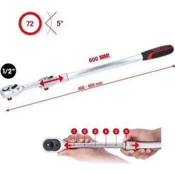 Gola hlavice KS Tools 914.1205 Teleskopická přepínací ráčna 1/2", extra dlouhá, 72 zubů