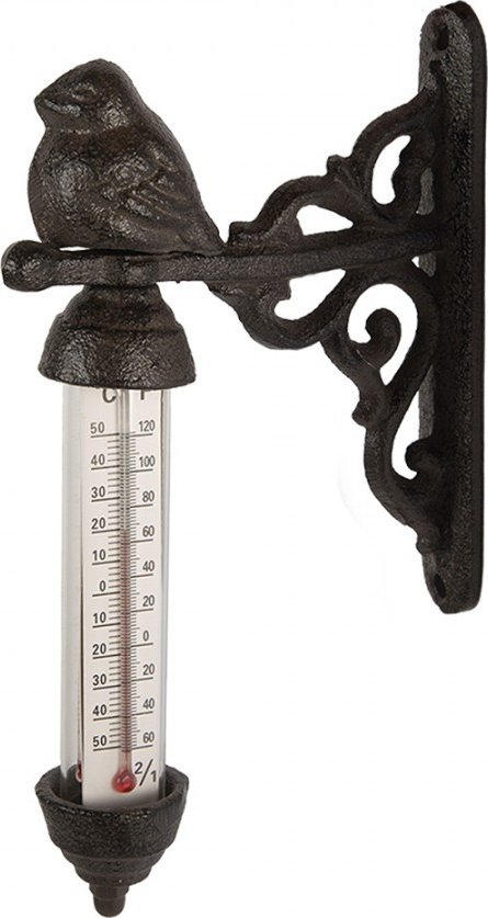 Hnědý litinový venkovní teploměr s ptáčkem - 3*11*16 cm