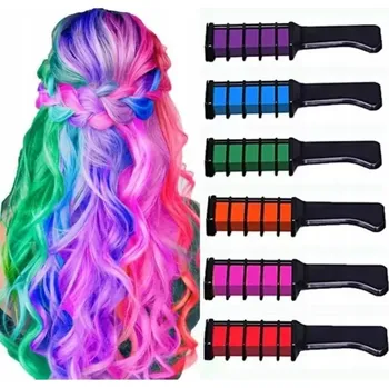 Barva na vlasy Hřeben s barevnými křídami na vlasy – Omyvatelné barevné křídy na vlasy 6 barev