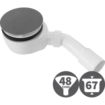 Sifon Smart99 Sifon vaničkový nízký, pro otvor 90 mm, nerezová krytka 121 mm, odpadní koleno 45° 40/50 mm, SIS9050IX67