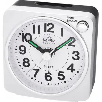 Budík BÍLÝ MALÝ ČTVERCOVÝ PŘEHLEDNÝ BUDÍK MPM C01.4323.00 S FUNKCÍ ODLOŽENÍ (SNOOZE) A PODSVÍCENÍM NEOBRITE