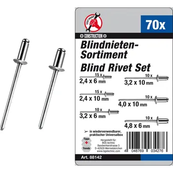 Nýt Nýty trhací, 2,4-4,8 mm, sada 70 dílů - BGS 88142