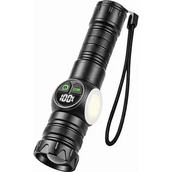 Svítilna Nakida HL-2305, 1200 mAh, LED+COB, Zoom, černá (Nakida HL-2305 multifunkční nabíjecí LED svítilna s funkcí Zoom | 1200 mAh Li-ion akumulátor | Boční COB světlo s červeno-modrou výstrahou | LCD digitální ukazatel stavu baterie | Magnetická základn