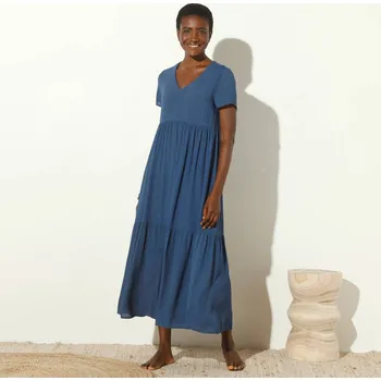 Dámské šaty Kreponové jednobarevné midi šaty s výstřihem do V indigo 42