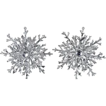 Vánoční dekorace Sněhová vločka stříbrná třpytivá s ozdobným kamenem 15,5 cm, set 2 ks