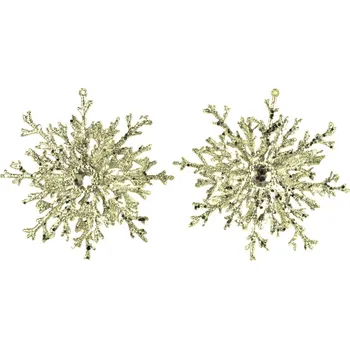Vánoční dekorace Sněhová vločka zlatá třpytivá s ozdobným kamenem 15,5 cm, set 2 ks