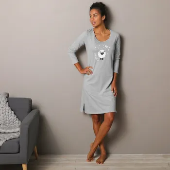Dámská noční košile Noční košile s dlouhými rukávy a potiskem ovečky šedý melír 38/40