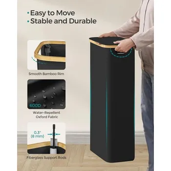 Koš na prádlo Úzký koš na prádlo 65 l, černý, bambusový okraj