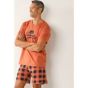 Pánské kraťasy Kostkované bavlněné pyžamo s krátkými rukávy a šortkami meruňková 117/126