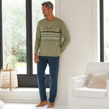 Pánské pyžamo Pyžamo s kalhotami, jemná bavlna lipová/nám.modrá 137/146