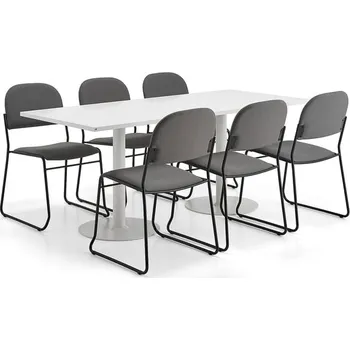 Jídelní set Sestava nábytku VERTICUS + DAWSON, 1 stůl a 6 šedých židlí