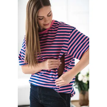 Těhotenské a kojicí tričko 3v1 Mamahood – růžovo-modré proužky, bavlna Velikost: XS