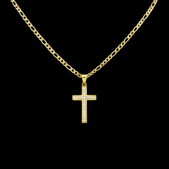 Náhrdelník Unisex náhrdelník figaro s křížkem zdobeným zirkony z pozlacené chirurgické oceli č. 1828 - 50 cm