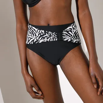 Dámské spodní prádlo Plavkové jednobarevné kalhotky s vysokým pasem a nařasením s potiskem Zebra černá 46