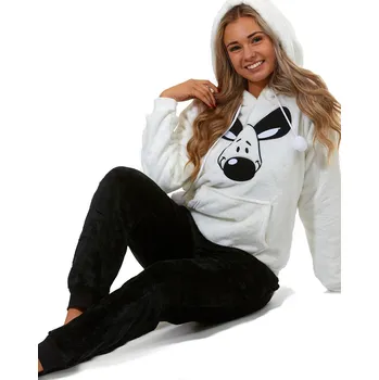 Dámské pyžamo Bílé i černé extra teplé huňaté pyžamo s kapucí pro ženy a dívky, Roztomilý pejsek 1Z1571 bílá m