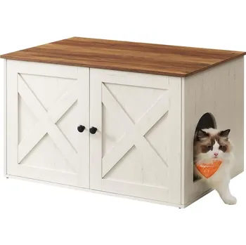 Toaleta pro kočku Skříňka na kočičí WC s dvířky, bílo-hnědá, 80x53x50 cm