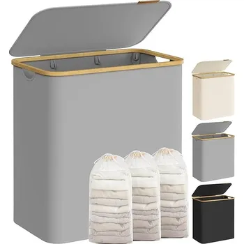 Koš na prádlo Koš na prádlo 150L se 3 přihrádkami, šedý, bambusový rám