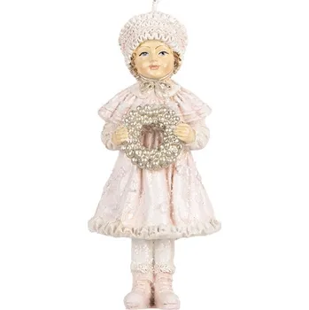 Růžová závěsná dekorace děvčátko držící věneček - 5*5*11 cm