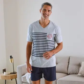 Pánské kraťasy Pyžamo se šortkami a potiskem pruhů šedý melír/nám.modrá 137/146