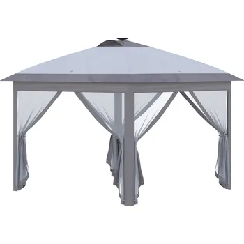 Zahradní altán Skládací altán Outsunny 3,3x3,3 m s LED USB, vyskakovací, s bočními stěnami ze síťoviny, ochrana proti slunci, tkanina Oxford šedá, ideální pro zahradní párty | Aosom.de
