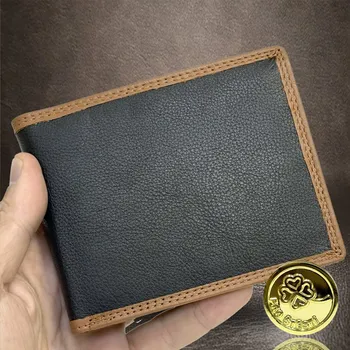 Peněženka Pánská dvoubarevná kožená peněženka s monogramem a věnováním – černá/hnědá Vyberte variantu: + ražba monogramu (C) Klasicky Times N. Roman + Akce - zlatá mince Pro štěstí ZDARMA