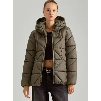 Dámský kabát Bunda puffer s kapucí - XS - House - khaki - 158AK-87X