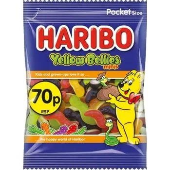 Bonbon Haribo Yellow Bellies žvýkací bonbonky ve tvaru hadů s ovocnými příchutěmi 60 g PM