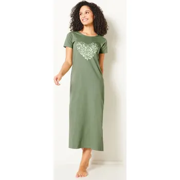 Dámská noční košile Dlouhá noční košile s krátkými rukávy, potisk Srdíčko khaki 50