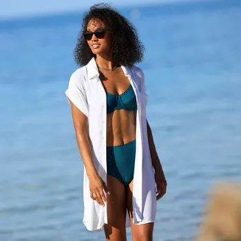 Dámské šaty Jednobarevné plážové kreponové košilové šaty bílá 40