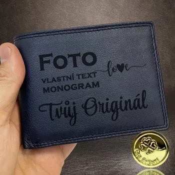 Peněženka Úžasná modrá barva kůže, vlastní text zvedne peněženku na vyšší level Vyberte variantu: bez jakékoliv úpravy + Akce - zlatá mince Pro štěstí ZDARMA