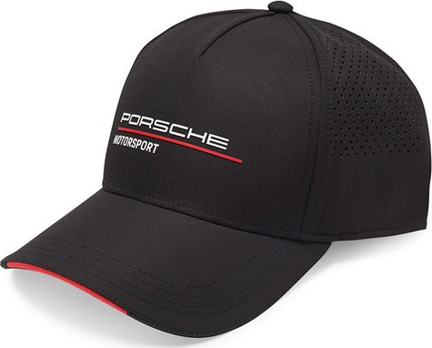 PORSCHE Motorsport Fanwear Collection Cap Unisex Kšiltovka baseballová čepice černá (Děrovaná pětipanelová kšiltovka se zapínáním na patentku a logem „PORSCHE MOTORSPORT“)