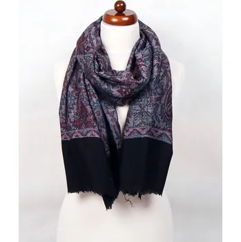 Šála Kašmírská vlněná pašmína Khani Jamavar exclusive s šedou, tmavě červenou a černou