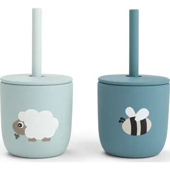 Kojenecká láhev DONE BY DEER Set 2 hrnečků s brčkem Tiny farm - modré