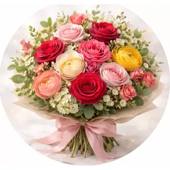 Přisada na vaření a pečení Obrázek Jedlý papír na dort Kytice růžová mašle