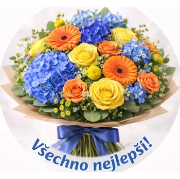 Jedlá dekorace na dort Obrázek Jedlý papír na dort Kytice modrá Všechno nejlepší