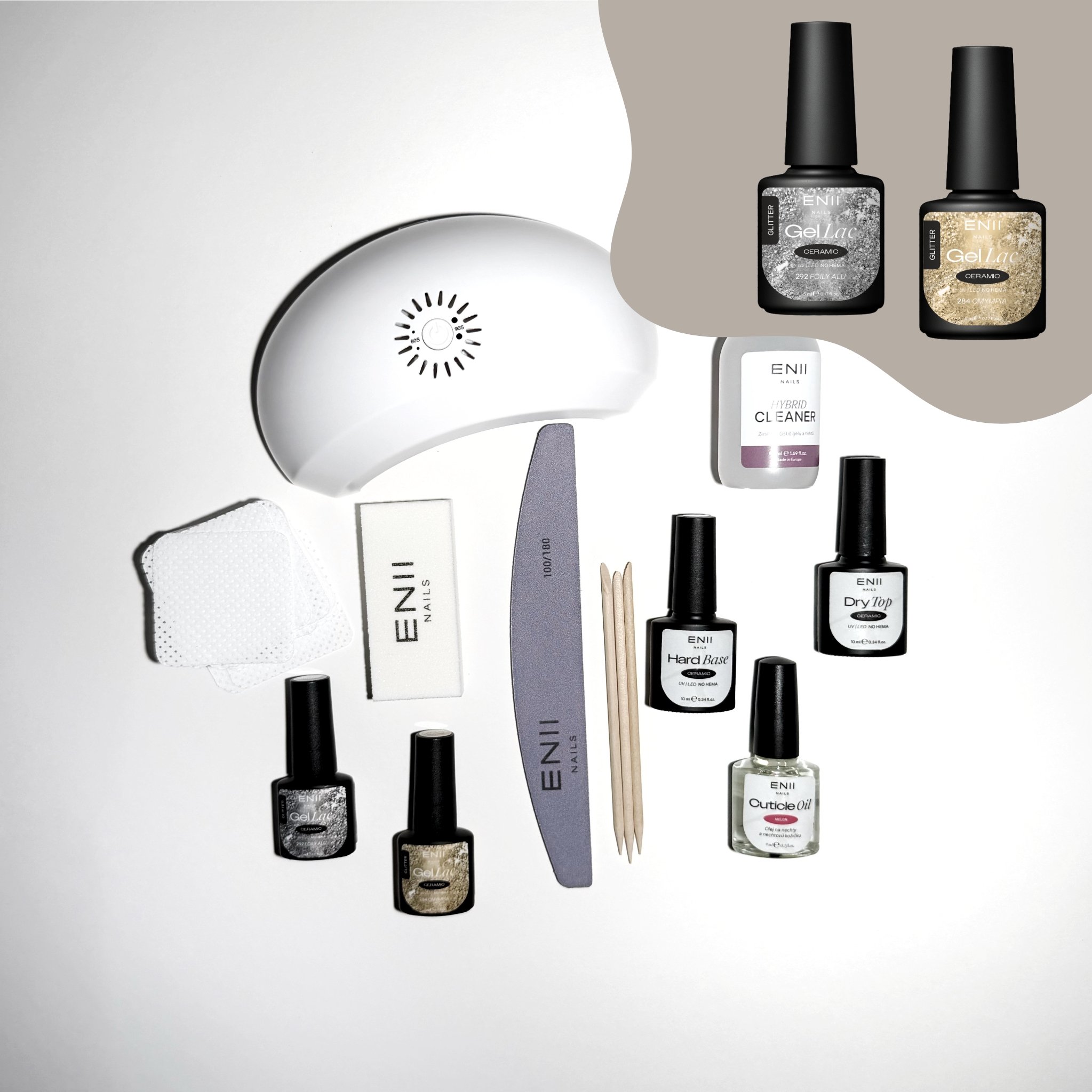 ENII NAILS ENII Gel Lak Startovací Sada s lampou 24W - Silver & Gold Glitter Edition