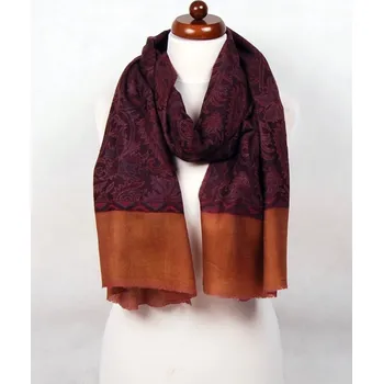 Šála Kašmírská vlněná pašmína Khani Jamavar exclusive s fialovou, černou a hnědou