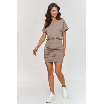 Dámské šaty Mini bavlněné šaty s řasením M877 Barva: Kávová, Velikost: L