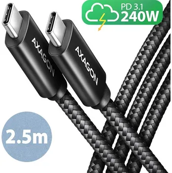 Kabel do PC AXAGON BUCM2-CM25AB, CHARGE kabel USB-C USB-C, 2.5m, Hi-Speed USB, PD 240W 5A, ALU, oplet, černý