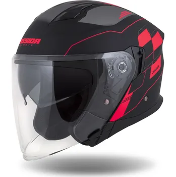 Helma na motorku přilba Jet Tech RoxoR, CASSIDA (černá matná/červená fluo/šedá) 2023