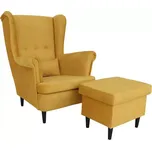 Křeslo ušák VISBY + taburet s úložným prostorem – masiv, látka, pet friendly, medově žlutá