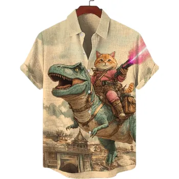 Pánská košile Pánská košile s límečkem na knoflíky Krátký rukáv Polyester Spandex Béžová Kočka na dinosaurovi Potisk Letní košile pro volný čas S