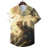 Pánská košile s límečkem na knoflíky Krátký rukáv Polyester Spandex Žlutá Kočka jedoucí na dinosaurovi Potisk Letní košile 3XL