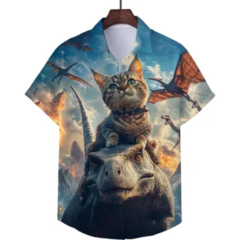 Pánská košile Pánská košile s límečkem na knoflíky Krátký rukáv Polyester Spandex Modrá Kočka na dinosaurovi Potisk Letní košile pro volný čas 3XL