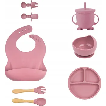 dětská jídelní sada DĚTSKÁ JÍDELNÍ SADA SILIKONOVÁ SE SLINTÁČKEM 8 KS BEZPEČNÝ SILIKON