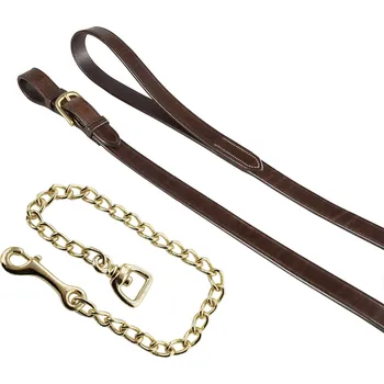Vodítko pro psa Kožené vodítko s odolným mosazným řetězem, Full, cognac