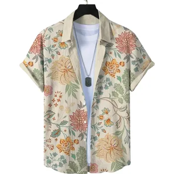 Pánská košile Pánská košile s límečkem na knoflíky Krátký rukáv Polyester Spandex Béžová Květinový potisk Letní košile pro volný čas XXL