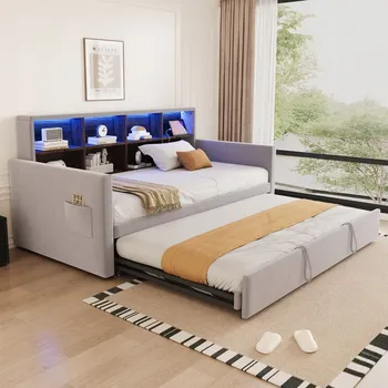 Postel Čalouněná postel s funkcí rozkládací pohovky, LED osvětlením, zásuvkou a úložným prostorem 90x190 cm, šedá