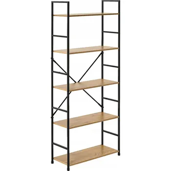 regál Široký loftový regál s 5 polic, kovový černý regál na knihy, do kanceláře nebo obývacího pokoje